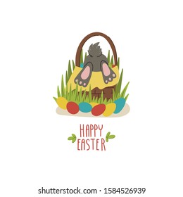 Easter basket with Easter bunny in it, Easter eggs on the grass. Eggs hunt. Hand drawn cartoon doodle style concept. 