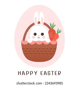 Easter basket with bunny rabbit cartoon and carrots on pink egg background vector illustration. 