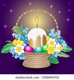Cesta de Pascua con torta de Pascua, huevos, velas y flores de primavera sobre el fondo del cielo estrellado