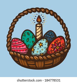 Easter basket with candle and eggs. Sketch vector element for spring Easter design.