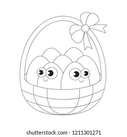 Easter Basket cartoon. Outlined illustration with thin line black stroke