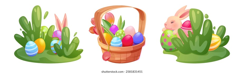 Easter basket celebration set - wicker container filled with eggs, spring tulips, bunny peeking through green bushes, colorful decorated eggs on grass. Cartoon holiday hunting game elements design.