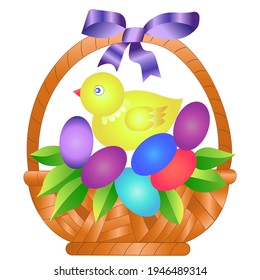 Cesta de Pascua con pollo y huevos.
