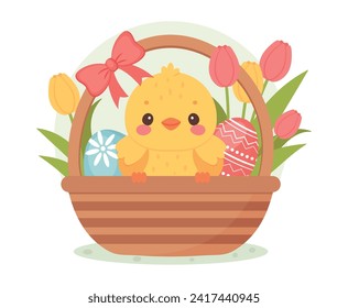 Easter Basket with chicken. A little chicken sits in a basket with Easter eggs and tulips. Graphics in flat vector style.