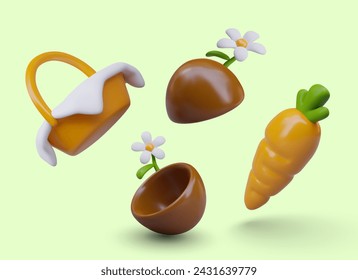 Easter basket, chocolate egg halves, daisies, carrots. Floating vector 3D objects