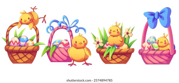 Easter basket collection with yellow chicks - wicker containers decorated with bows, painted eggs, spring flowers, green leaves. Cute cartoon birds sitting near hamper with festive ornaments.