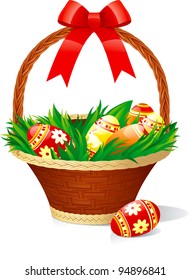 Easter basket with color eggs on green grass isolated on white background.