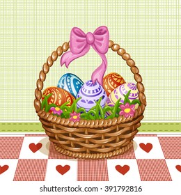 Easter basket with color painted Easter eggs.