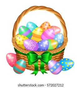 Easter basket with color painted easter eggs isolated on white background. Vector illustration
