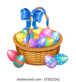 Easter basket with color painted easter eggs isolated on white background. Vector illustration