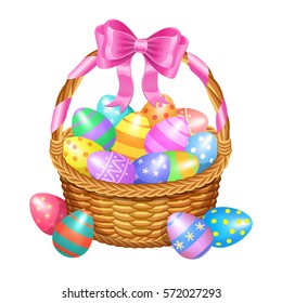 Easter basket with color painted easter eggs isolated on white background. Vector illustration