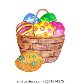 Easter basket with colored decorated eggs. Watercolor vector design for holiday egg hunt