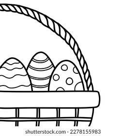 Cesta de Pascua con la ilustración de doodle vectorial de huevos decorados de colores. Página de color para los niños aislados de fondo blanco. 