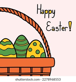 Easter basket with colored decorated eggs vector doodle illustration