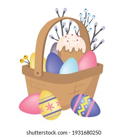 Easter basket with colored eggs, cake, willow. Vector, white background, isolated.