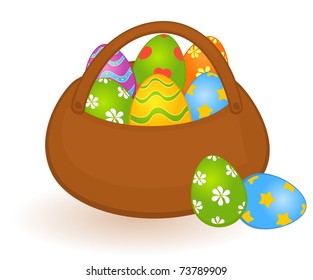 Easter basket with colored eggs. Easter card