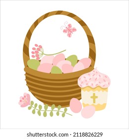 Cesta de Pascua con huevos de colores. Composición festiva de pasteles de Pascua, huevos en una cesta y flores de primavera. Ilustración vectorial de dibujos animados.