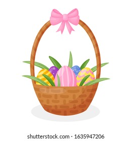 Easter basket with colored eggs isolated on white background. Great for Easter decor. Vector illustration.