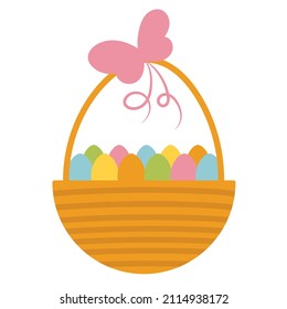 Easter basket with colored eggs . Isolated on white background. Variety pattern eggs. Cartoon flat vector illustration. Easter design element good for banner, card, poster, sticker, social media