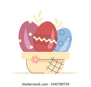 Easter basket with colored eggs. Modern flat design with outline elements. Isolated on white background.