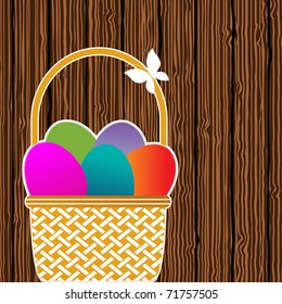 easter basket with colored eggs sitting against fence