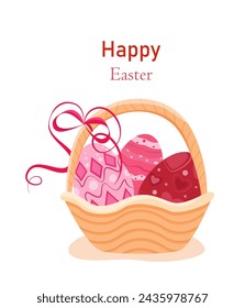 Osterkorb mit gefärbten Eiern. Da ist eine niedliche Schleife auf dem Korb. Happy Easter Inschrift. Ostern. Isoliert auf weißem Hintergrund. Stockvektordarstellung