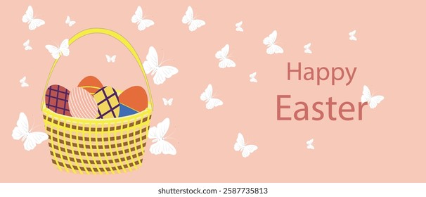 Easter basket with colorful decorated eggs, white butterflies, pastel background, and elegant holiday greeting text.