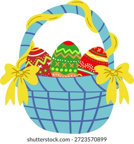 Osterkorb mit bunt dekorierten Eiern und gelben Bändern einzeln auf weißem Hintergrund festliches Frühlingsferien-Design