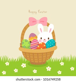 Easter basket with colorful Easter eggs and cute rabbit on grass background