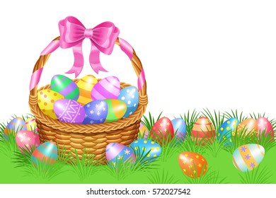 Easter basket and colorful Easter eggs in green grass for Easter holidays design. Easter vector background