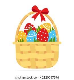 Easter basket with colorful eggs isolated on white. Vector illustration in flat style