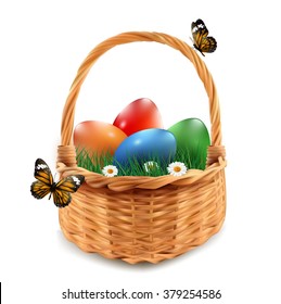 Easter basket with colorful Easter eggs, isolated in white.