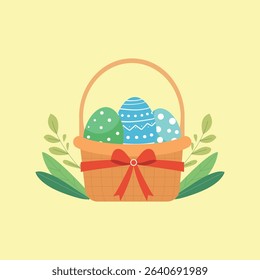 Easter Basket with Colorful Eggs and Red Bow – Cute Flat Vector Illustration