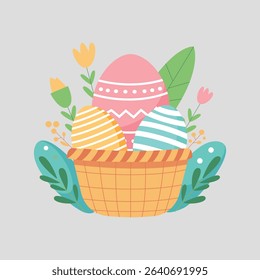 Easter Basket with Colorful Eggs and Red Bow – Cute Flat Vector Illustration
