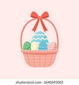 Easter Basket with Colorful Eggs and Red Bow – Cute Flat Vector Illustration