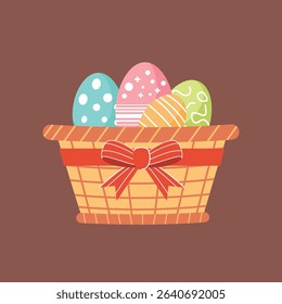 Easter Basket with Colorful Eggs and Red Bow – Cute Flat Vector Illustration
