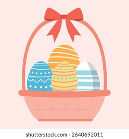 Easter Basket with Colorful Eggs and Red Bow – Cute Flat Vector Illustration