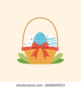 Easter Basket with Colorful Eggs and Red Bow – Cute Flat Vector Illustration