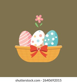 Easter Basket with Colorful Eggs and Red Bow – Cute Flat Vector Illustration