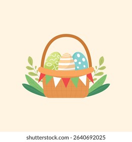 Easter Basket with Colorful Eggs and Red Bow – Cute Flat Vector Illustration