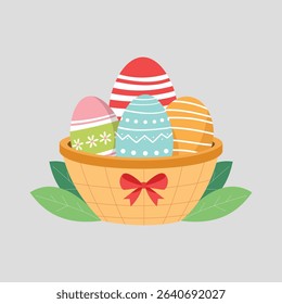 Easter Basket with Colorful Eggs and Red Bow – Cute Flat Vector Illustration