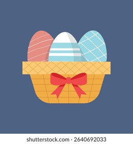 Easter Basket with Colorful Eggs and Red Bow – Cute Flat Vector Illustration