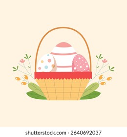 Easter Basket with Colorful Eggs and Red Bow – Cute Flat Vector Illustration