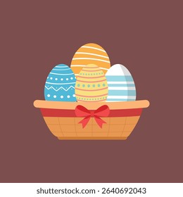 Easter Basket with Colorful Eggs and Red Bow – Cute Flat Vector Illustration