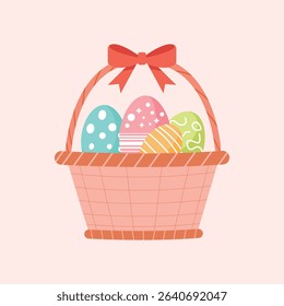 Easter Basket with Colorful Eggs and Red Bow – Cute Flat Vector Illustration
