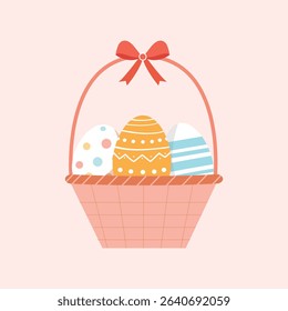 Easter Basket with Colorful Eggs and Red Bow – Cute Flat Vector Illustration