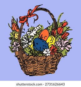 Cesta de Pascua con Huevos Coloridos y Flores de Primavera