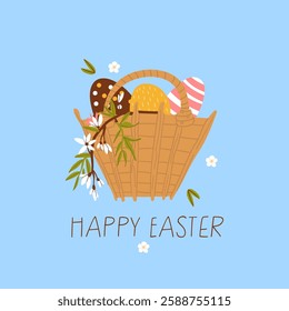 Easter basket with colorful eggs, sweet treats cupcakes,  flowers 