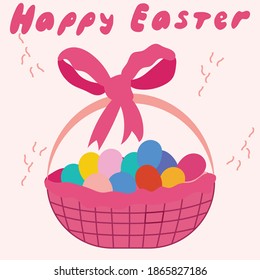 Easter Basket With Colorful Eggs, vector flat illustration