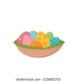 Easter basket with colorful eggs. Vector illustration in cartoon style.